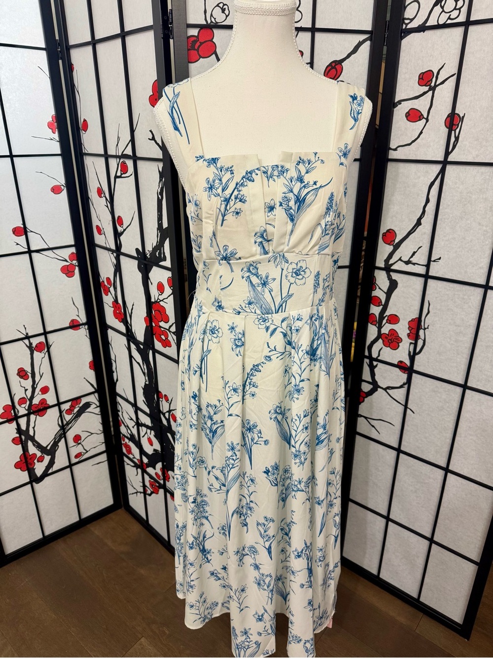 SHEIN White Midi Dress with Blue Floral Print